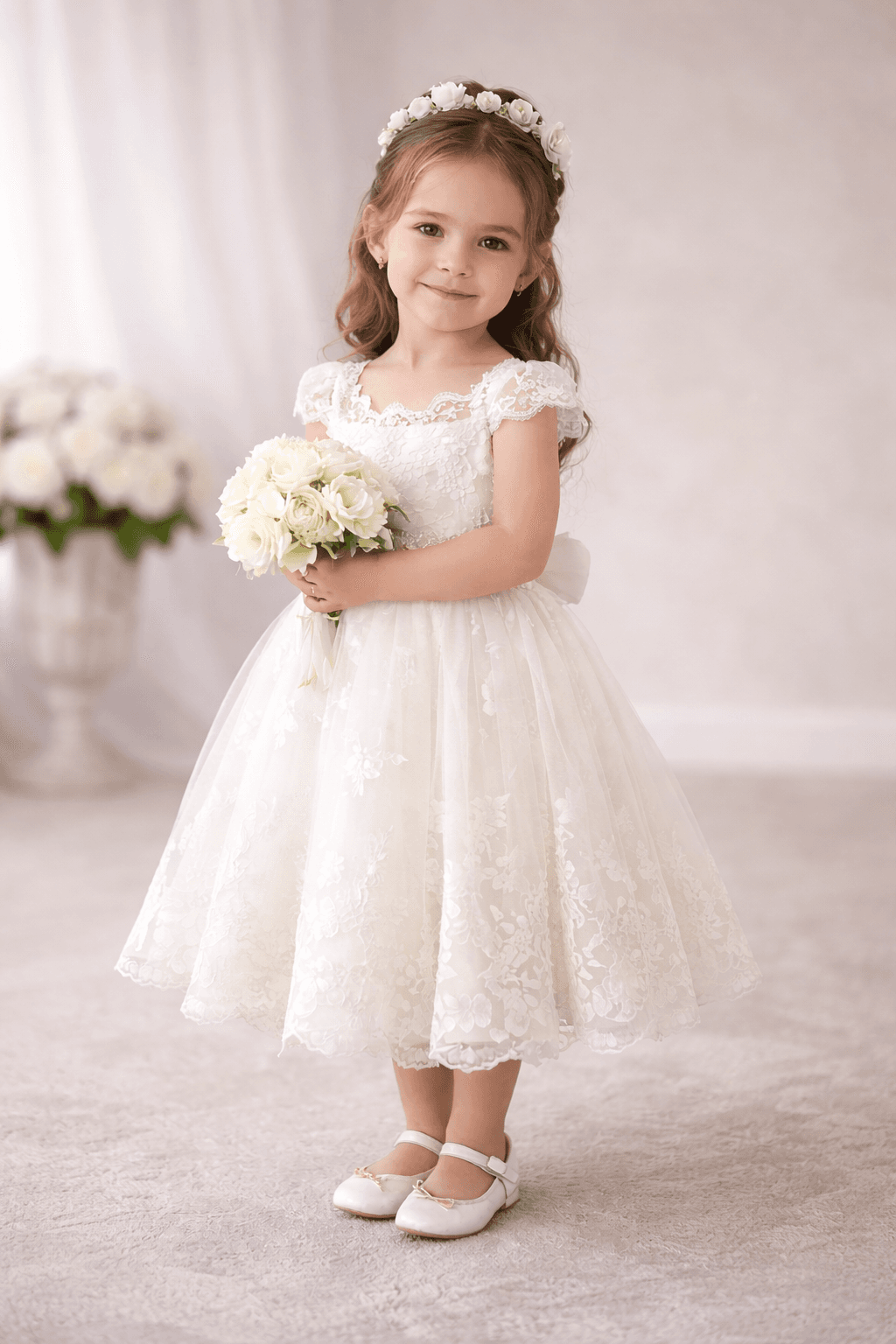 Menina vestida de daminha de honra segurando um buquê de flores
