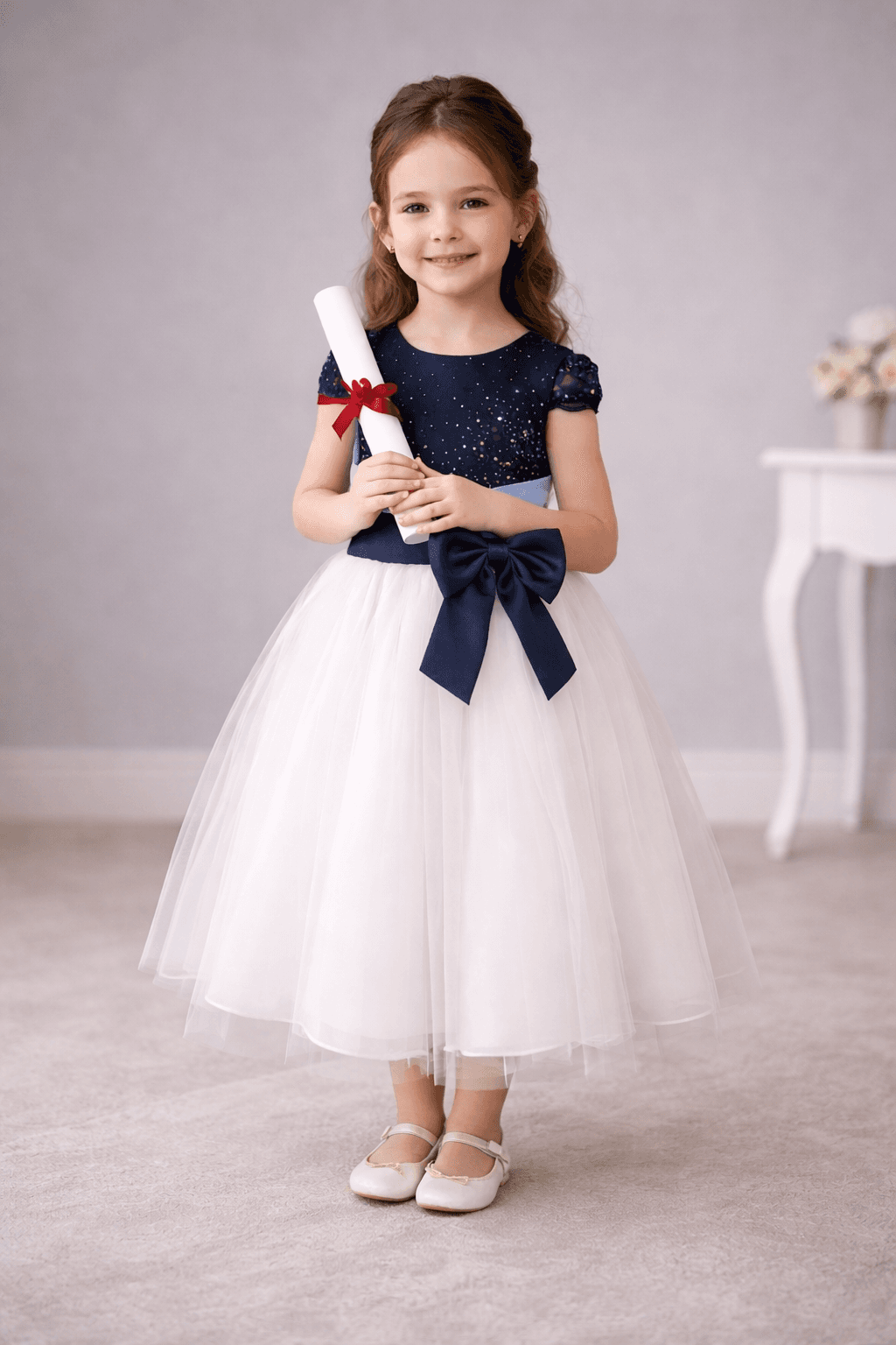 Menina com vestido de formatura segurando um diploma